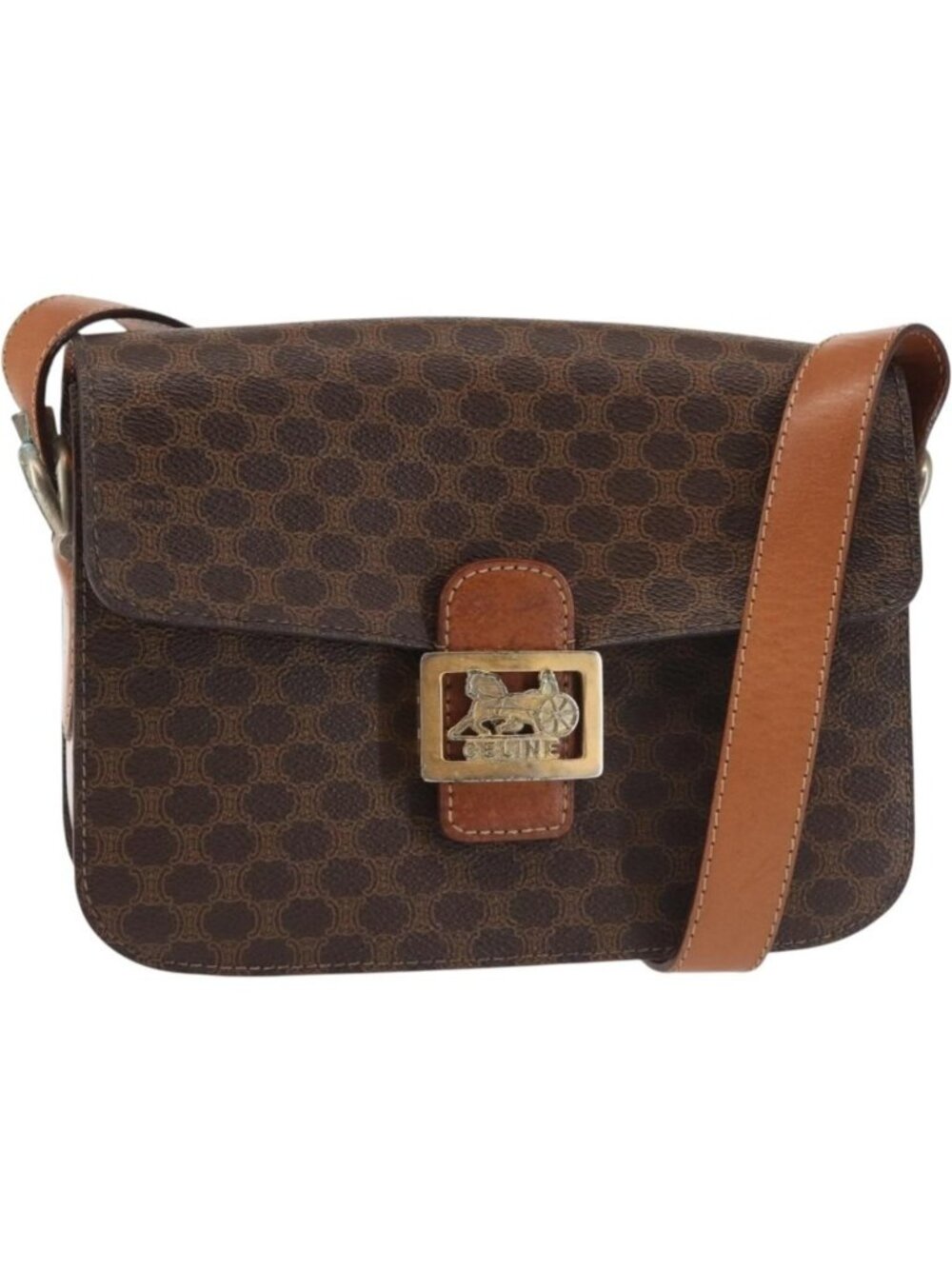 CELINE Macadam Canvas Shoulder Bag PVC Leather Brown Gold